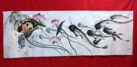 书画原作10318，著名画家【周仁辉、何俊德】花鸟画，鲢鱼图，约20平尺