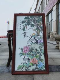 旧藏花梨木瓷板画，六鹤同春，画彩漂亮，包手绘