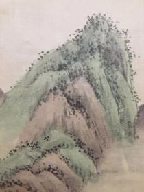 惠友 绢本 中国山水画 挂轴一件。落款：天祥。尺寸：全体54*178cm，画心43*110cm。画人不详，应该是几十年前创汇的作品。轴头：木。95品。