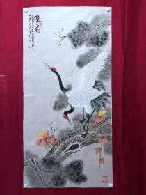 书画原作10373，著名画家【周仁辉、何俊德】工笔花鸟画，松鹤图