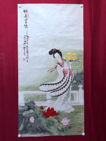 书画原作10359，著名画家【周仁辉、王淑静】工笔人物画，牡丹仕女图