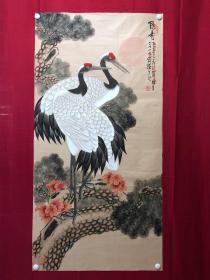 书画原作10374，著名画家【周仁辉、何俊德】工笔花鸟画，松鹤图