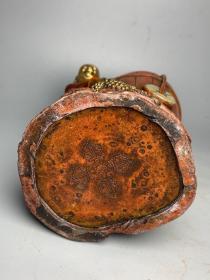 旧藏紫铜鎏金鎏银刘海戏金蟾笔筒长17.5公分x宽10公分x重量2308克