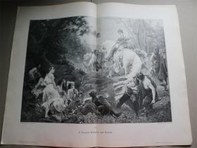 7【百元包邮】1895年巨幅木刻版画《波西米亚公爵奥尔德里奇和波西娜》(udalrich und bozena) 尺寸约56*41厘米 （货号603212）。