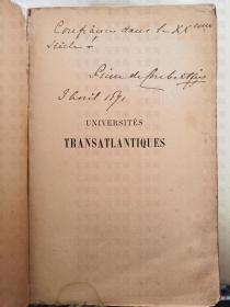 “奥林匹克之父”现代奥林匹克运动的发起人 顾拜旦（Pierre De Coubertin）1891年亲笔签名本《大西洋彼岸的大学》 顶级珍本 全球罕见