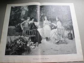 7【百元包邮】1895年巨幅木刻版画《四重奏》（quartett)尺寸约56*41厘米 （货号603228）。
