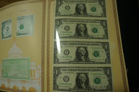 美国连体钞 1美元四连体珍藏版 证书 册子