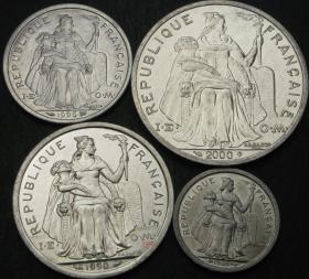 法属波利尼西亚4枚硬币1965--2000年 年份随机 全新UNC