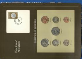英属格恩济 全套7枚硬币套币 1979--1982年 富兰克林封装带邮票