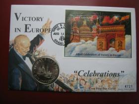盟军庆典 特克斯和凯科斯 1995年5克朗 二战胜利50周年邮币封