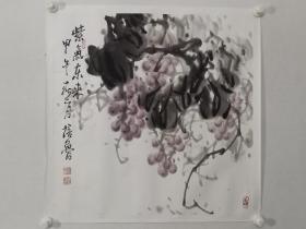 保真书画，崔培鲁国画《紫气东来》一幅，纸本托片，尺寸68.5×68.5cm。 崔培鲁，1944年出生于山东枣庄市，师从著名画家王小古和皮之先，后入中央美院国画系。1992年调深圳特区创建南山画院。94年年初二度赴港举办画展，刘海粟大师为其作品题写了“气韵生动”赞语并收为关门弟子。现为中国美术家协会会员、中华名人协会会员、中国和平统一促进会书画联谊委员会委员，全球华人华商联合总会书画院院长。