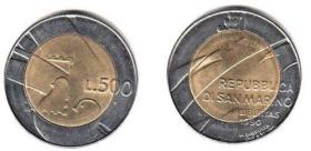 圣马力诺500里拉纪念币 1990年双色币