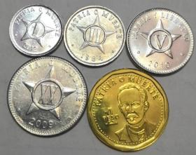 古巴5枚全套硬币 1984--2013年套币 全新UNC