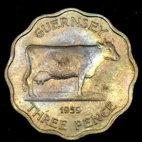 奶牛 格恩济3便士硬币 1959年波浪型钱币 全新UNC