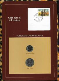 特克斯和凯科斯群岛2枚全套硬币 1981年清版 富兰克林封装带邮票