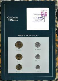 尼加拉瓜帽子版 全套6枚套币硬币 1987年清版 富兰克林封装带邮票