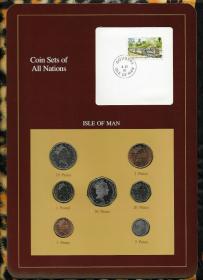 马恩岛 套币7枚全套硬币 1990年清版 富兰克林封装带邮票