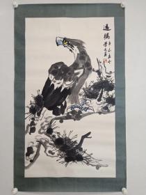 保真书画，北京画家孙学文国画《高瞻远瞩》松鹰图一幅，纸本镜心，尺寸118×67cm。