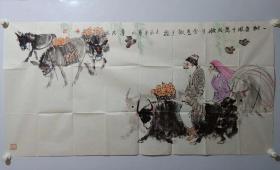 保真书画，新疆军区专职创作员，著名画家马寿民国画一幅68×137cm，附带作者画集报纸