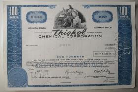 [老股票 美国 antique stock]  1971年 美国Thiokol化学公司股票100股 Thiokol Chemical Corporation  单枚  稀少