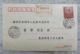 猪年首日实寄封-猪场戳--挂号--pJ袋