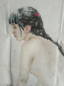 精品书法字画《20190430  何家英美术作品：美女图》长68厘米，宽68厘米！用笔老道，懂字画者自鉴！铁橱内！包邮保手绘！边角有损！所见即所得！自鉴自定！