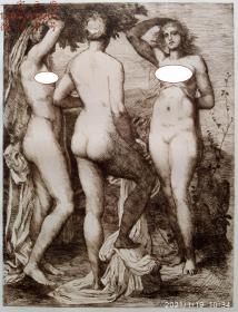 【大英博物馆藏画】1880年法国艺术蚀刻铜版画《美惠三女神》—英国象征主义画家、雕塑家“乔治•弗里德里克•瓦茨George Frederick Watts（1817—1904）”作品 版画家：J.BENWELL CLARK雕刻 法国ARCHES版画专用水印纸 43x30cm 大英博物馆收藏编号：1881,0813.22（官网可查）雕刻版画 原版版画 古董版画 老版画 欧洲版画 西洋版画 收藏装饰