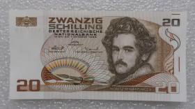 全新UNC 奥地利 1986年 20先令 纸币 水彩画家达芬格