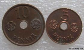 芬兰5 10芬尼铜币2枚 外国钱币