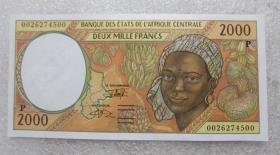 全新UNC中非共同体 乍得（字母P）2000法郎 纸币 外国钱币