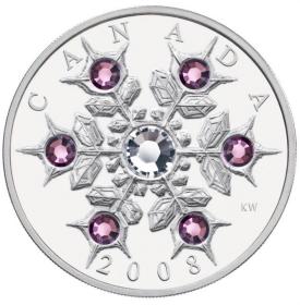 【海宁潮天期货】加拿大2008年雪花系列镶嵌紫水晶1盎司纪念银币