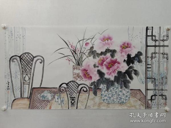 保真书画，当代优秀女画家蔡金花精美国画一幅69×137cm ，画的清新明净，很是喜欢的一幅佳作！馈赠，装饰，收藏均是佳选！出版展览作品