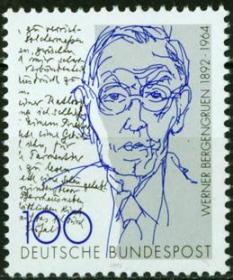 德国 1992 作家 维尔纳·贝根格林诞辰百年 1全新 肖像与手稿