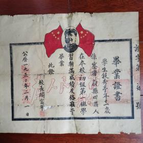 1950年察哈尔省毛主席国旗图，毕业证书一张。