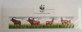 安哥拉1990年 世界野生动物基金会 WWF 熊猫徽  黑马羚 4全新 联票 带徽标版头