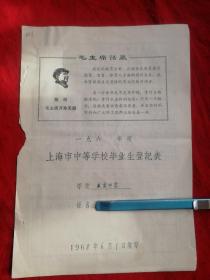 1968年，上海市中等学校毕业生登记表