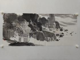 保真，贾又福弟子石泽先生山水画一幅《清幽临溪图》，尺寸42.5×97.5cm