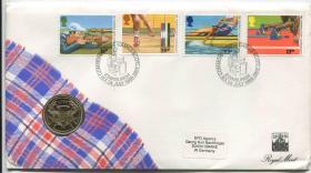 FDC-C03英国邮票 1986年 第13届英联邦运动会纪念 铜币镶嵌封 DD