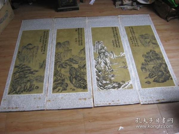 收来老画 四条屏唐寅画 绢布 详见图