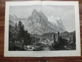【现货 包邮】1885年巨幅木刻版画《阿尔卑斯山脉群峰：贝塔峰和维特峰（海拔3692米）与山下的罗森劳伊冰川，瑞士伯尔尼州》（wellhorn und wetterhorn im berner oberland） 尺寸约54.2*40.8厘米货号602605）
