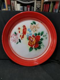 六七十年代时期丰收牌牡丹花鸟纹搪瓷盘一个 ，全品完整