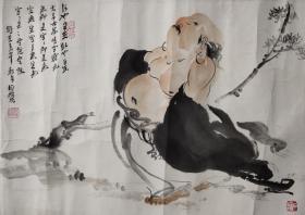 保真销售【龙波】中国书画家协会会员，国际美联会员、成都市美协会员、西南书画院院长壬午2002年原装原裱人物画镜片一幅，画心尺寸：42-30厘米【约1.1平尺】