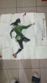 李金栋画两幅，1每天锻炼一小时 健康生活一辈子 2逛街   甲午年作（均4平尺）