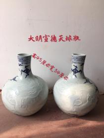 天球瓶一对，器形大气美观，画工精细，图案精美，釉面肥润，磨损自然，工艺复杂精致，造型周正，器体规范，品相完整，成色如图，值得拥有珍藏，摆设，赏玩儿，尽显品味！