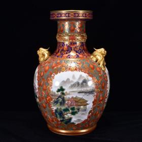 清雍正年珐琅彩鎏金山水风景纹狮子盘口瓶45*30