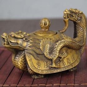 纯铜甲骨文鎏金铜器龙龟茶壶