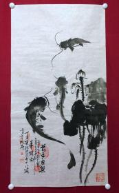 书画10835，著名画家【周仁辉、何俊德】花鸟画，鲢鱼荷花