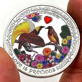 彩色爱情心形镶钻鸳鸯鸟玫瑰镀银纪念币 收藏币硬币纪念章