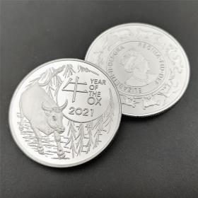 2021牛币澳大利亚牛年银币 外贸硬币镀银伊丽莎白女王币OX coin