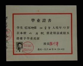 1960年：北京市宣武区梁家园后身小学【老毕业证】一张 收藏品